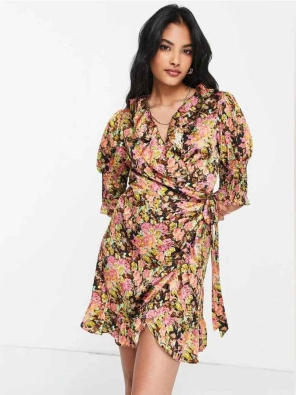 Topshop Floral Print Smocked Cuff Wrap Mini Dress